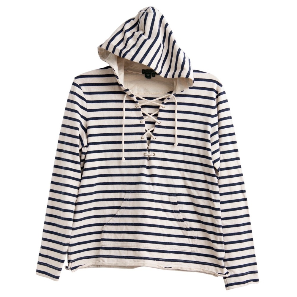 Polo Jeans Company Womans M Pull Over Navy Blue & White Stripe Hooded Drawstring